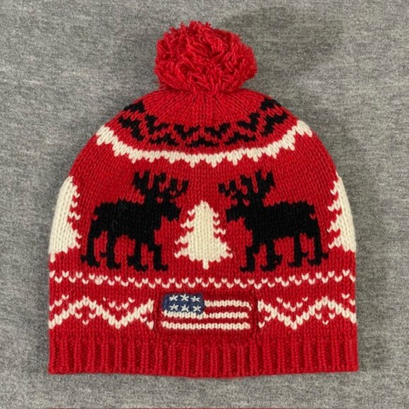 Vintage Polo Ralph Lauren Red USA Flag Moose Knit Wool Pom-Pom Beanie Hat One Sz - Picture 2 of 7